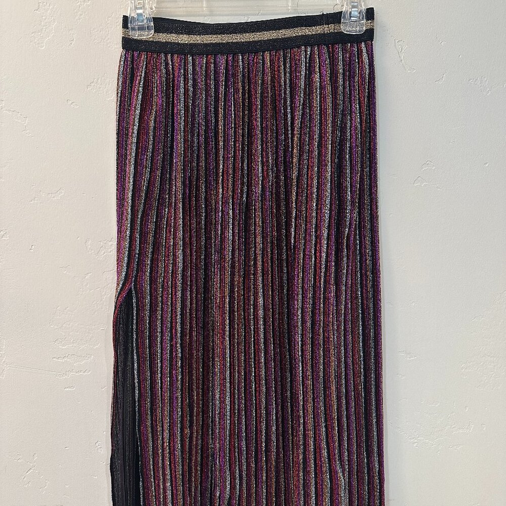 TOPSHOP Metallic Plisse Striped Midi Skirt Size US 2 A-line Elastic Waist Slit